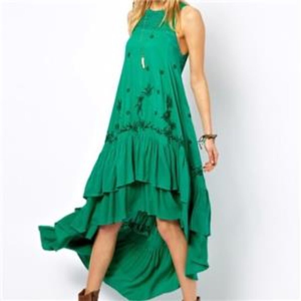 Free People Green Crochet Bodice Hi-low Tiered Sleeveless Maxi Dress Sz M